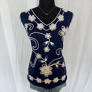 Vintage Lauren Michelle Blouse \ 80s Embroidered Floral Sleeveless Navy Top